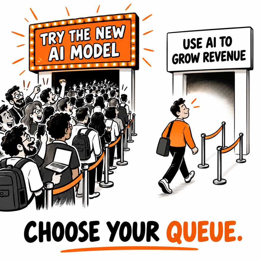 A long queue at a door marked Try the new AI model, and one person walking into an empty door marked Use AI to grow revenue. Caption: choose your queue.