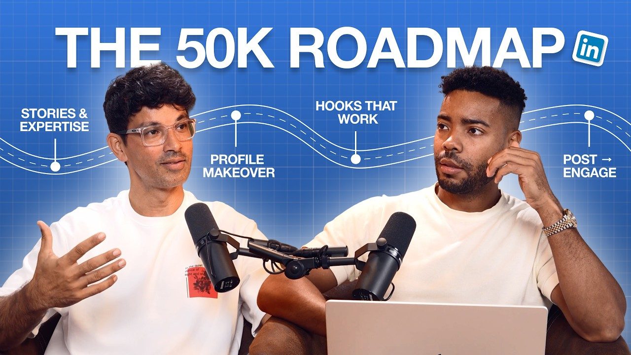 Video thumbnail, The 50K Roadmap: Sami Ghozzi and Michel Lieben at two microphones, with a LinkedIn roadmap of stories and expertise, profile makeover, hooks that work, and post then engage