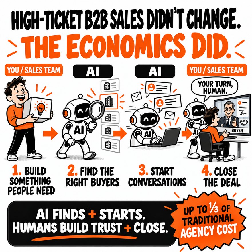 High-ticket B2B sales did not change, the economics did. Four steps: build something people need, AI finds the right buyers, AI starts conversations, you close the deal. AI finds and starts, humans build trust and close, at up to a third of traditional agency cost.